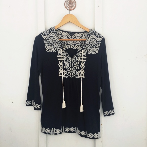 Lucky Brand Tops - Lucky Brand Black Blouse W/ White Embroidery